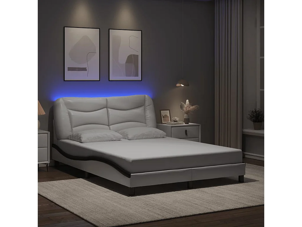 Cama c/ luzes LED 140x190cm couro artif. branco/preto PT225277