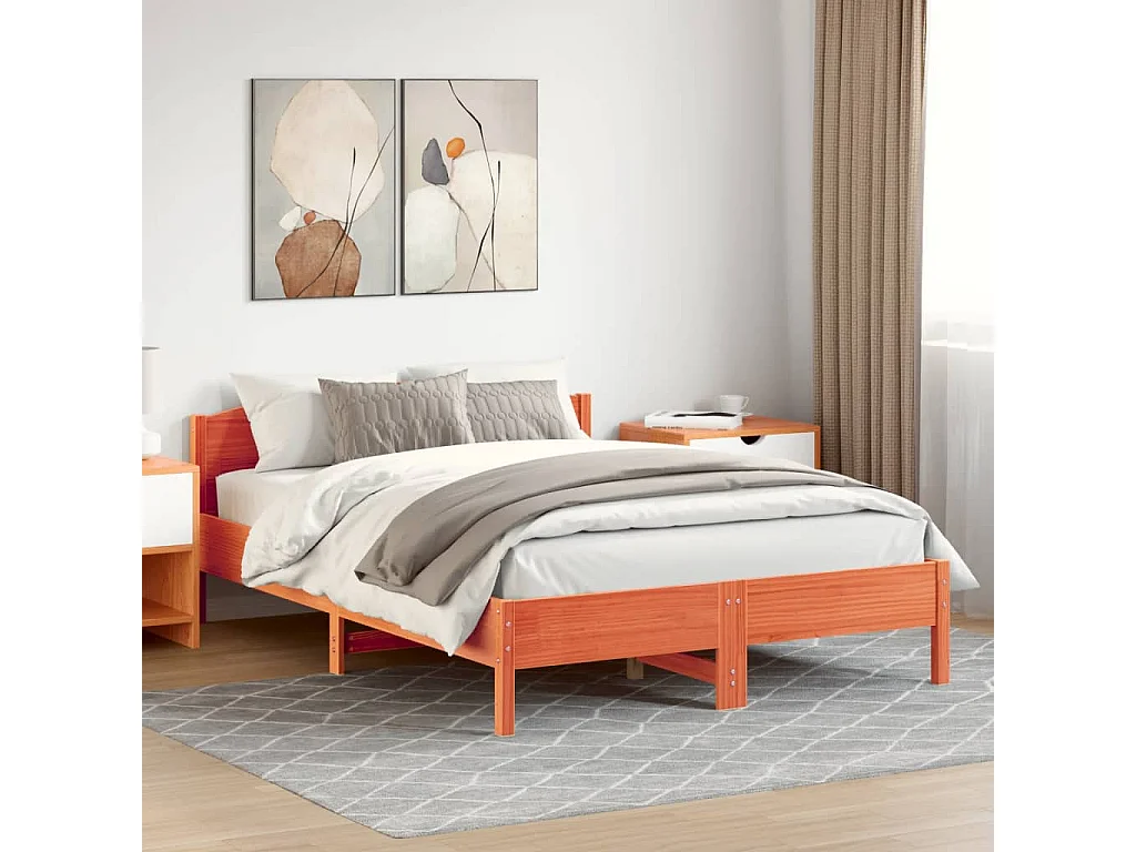 Lit double et tête de lit cire marron 140x200 cm bois de pin FR97831