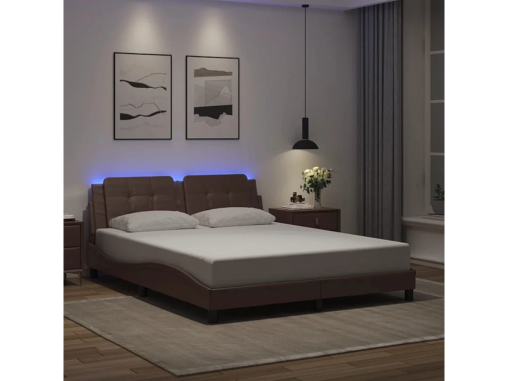 Lit double avec lumières LED marron 160x200 cm similicuir FR13728
