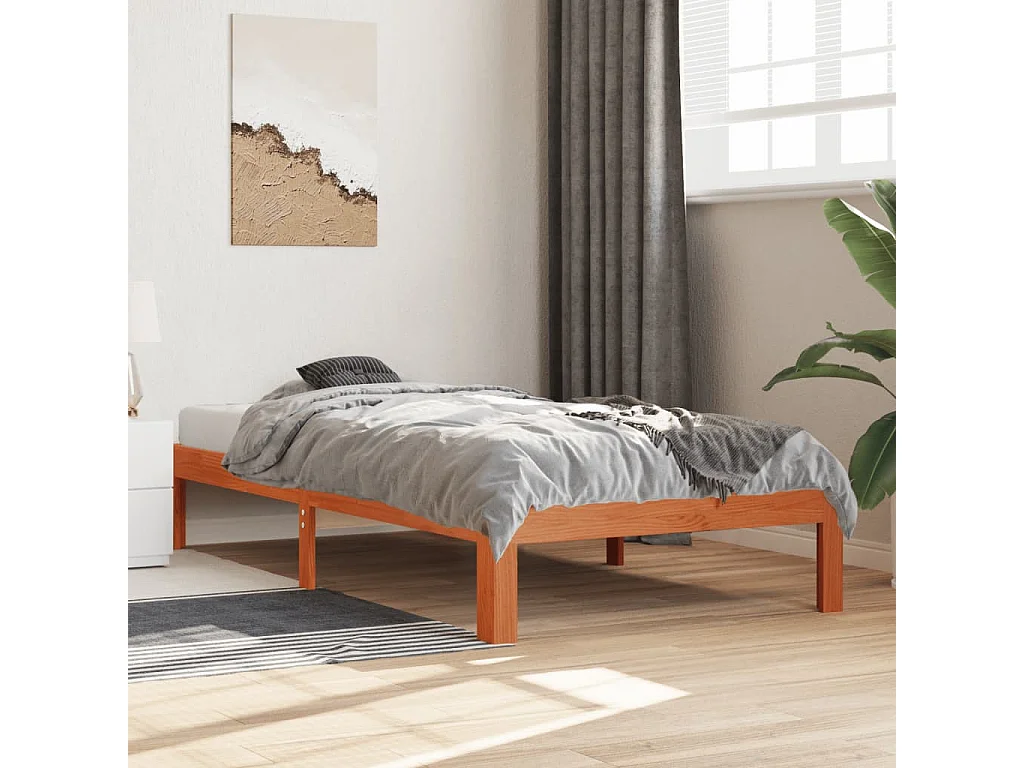 Lit simple cire marron 75x190 cm bois de pin massif FR39364