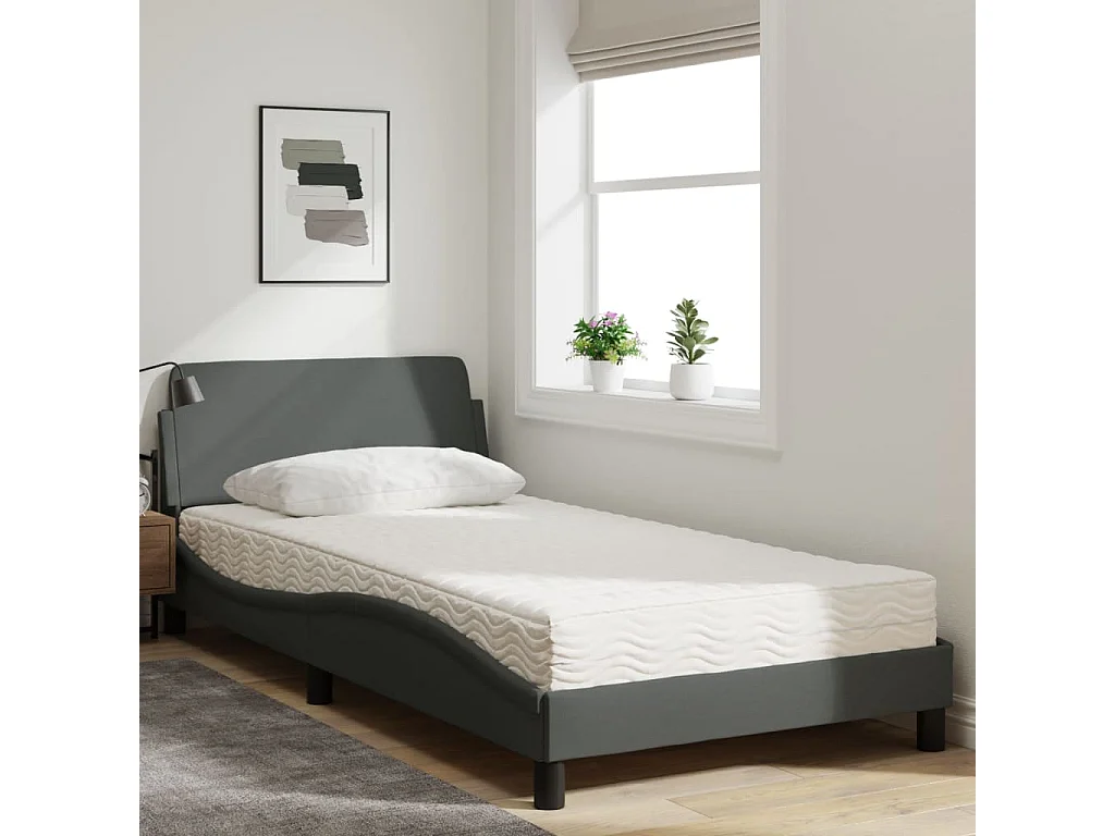 Lit adulte + matelas gris foncé 100x200 cm tissu FR19889
