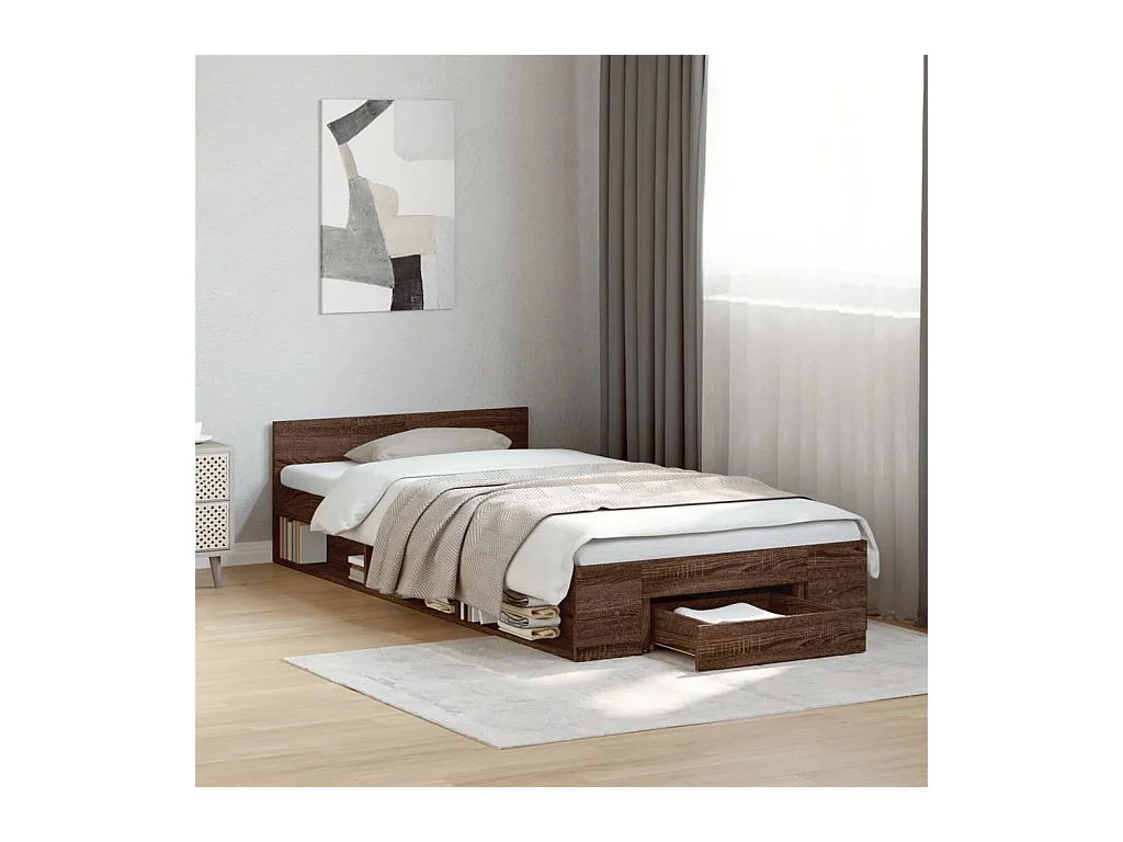 Lit simple et tiroir chêne marron 100x200 cm bois ingénierie FR49306