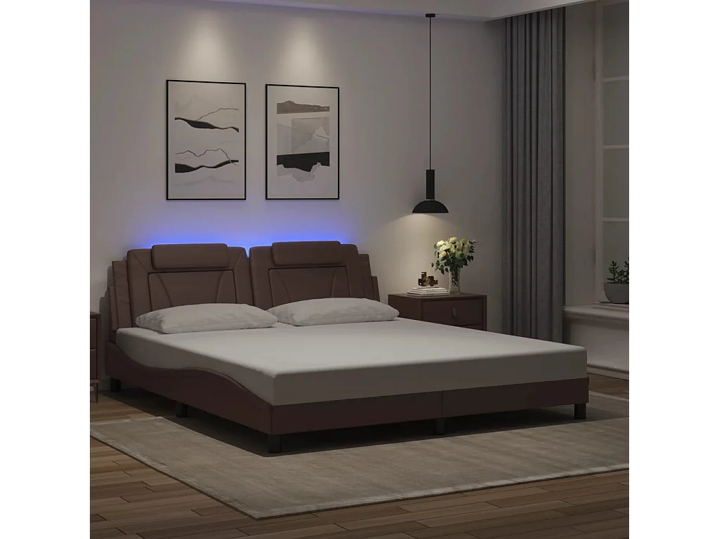 Lit double avec lumières LED marron 180x200 cm similicuir FR95452