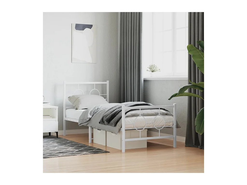 Lit simple métal + tête de lit/pied de lit blanc 75x190 cm FR58700