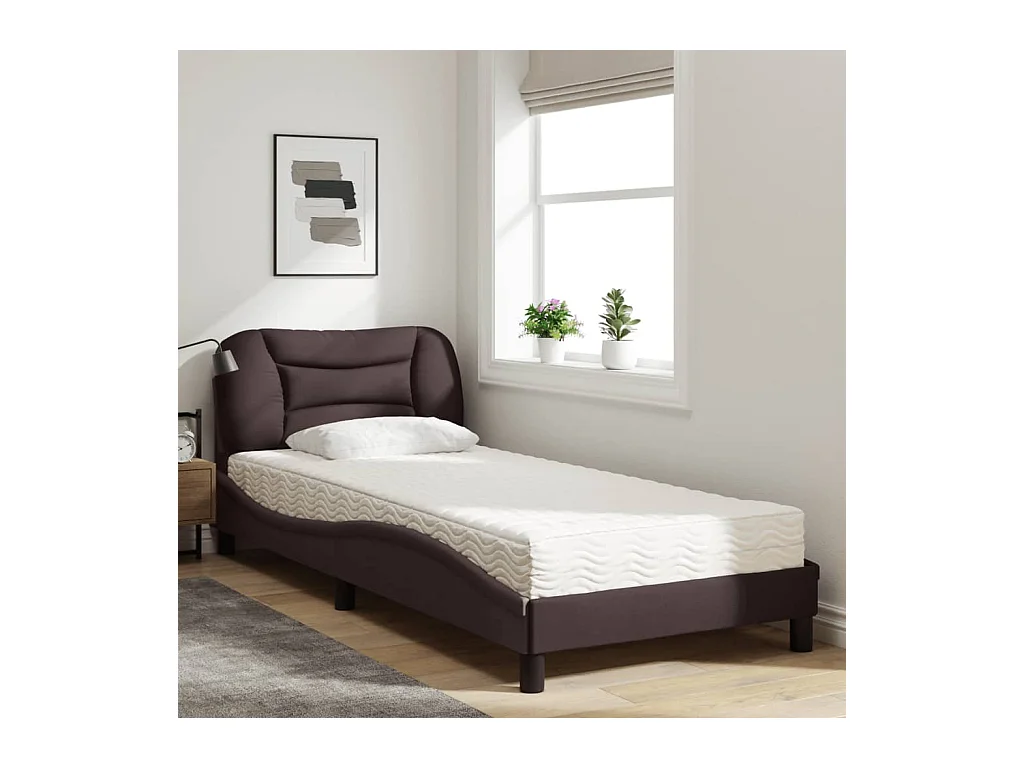 Lit adulte + matelas marron foncé 90x200 cm tissu FR71378