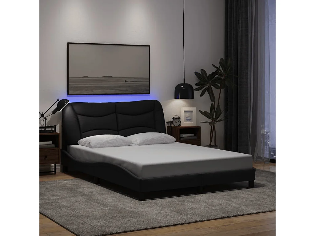 Lit double avec lumières LED noir 140x200 cm tissu FR67931