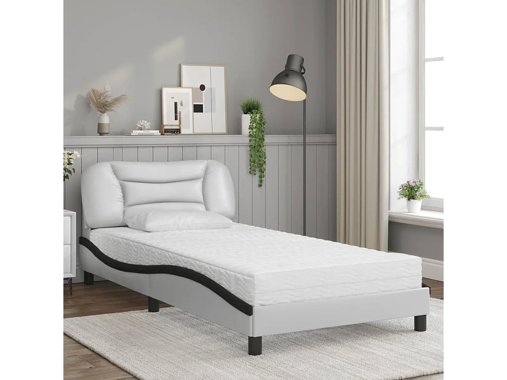 Cama com colchão 100x200 cm couro artificial branco e preto PT820604