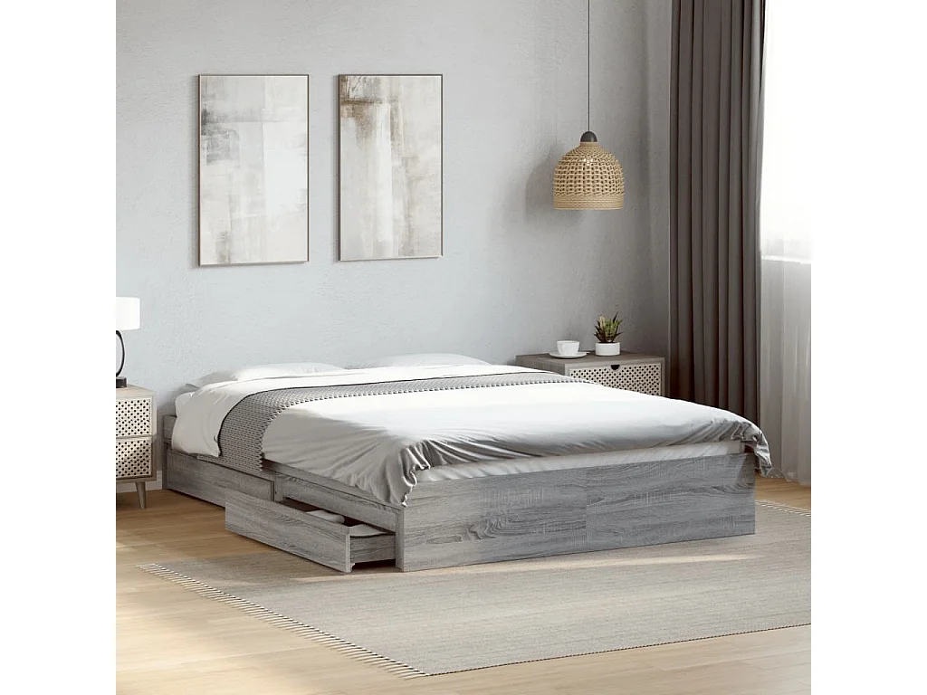 Lit double et tiroirs sonoma gris 135x190 cm bois ingénierie FR78913