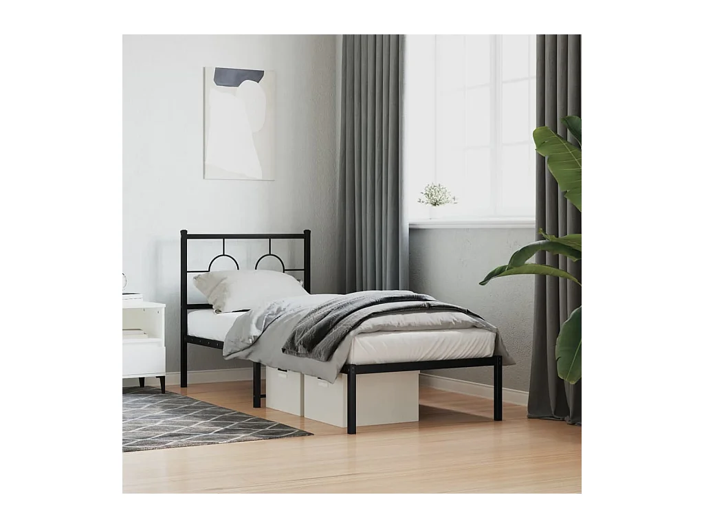 Lit simple métal + tête de lit noir 75x190 cm FR92615