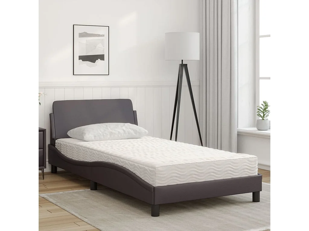 Lit adulte + matelas gris 100x200 cm similicuir FR51052