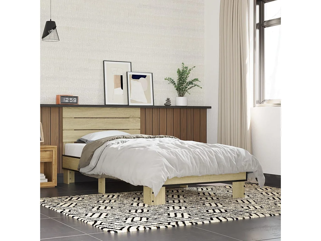 Cama 75x190 cm - madera ingeniería metal roble Sonoma ES821301