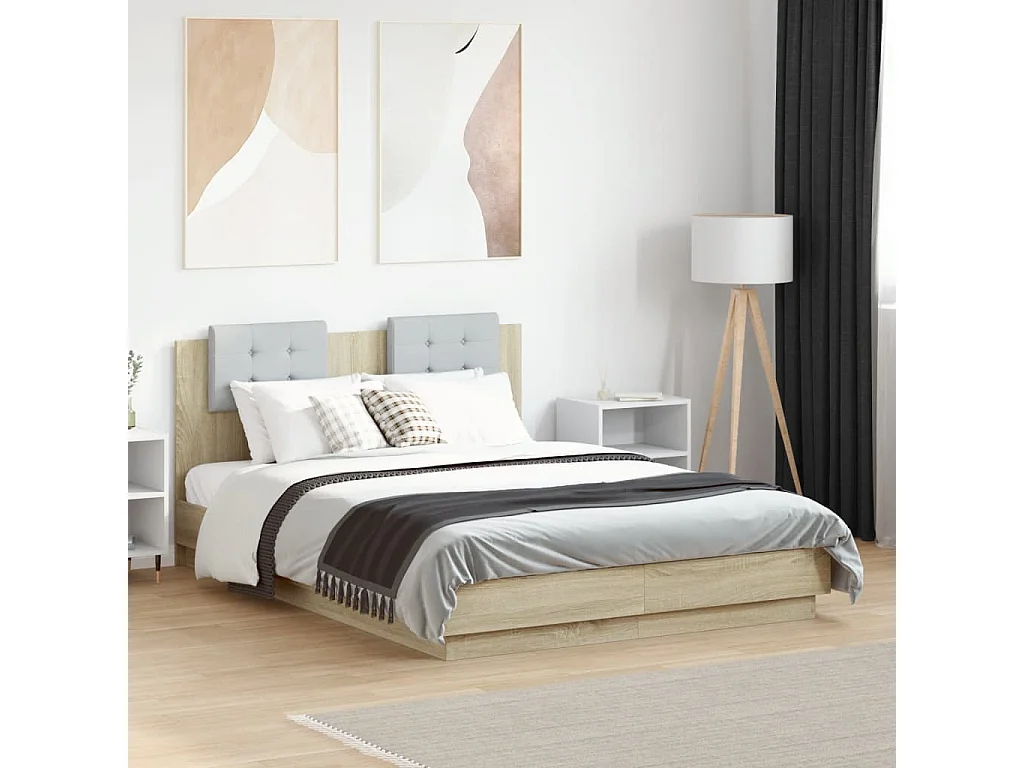 Lit double tête de lit et lumières LED chêne sonoma 120x190cm FR65451