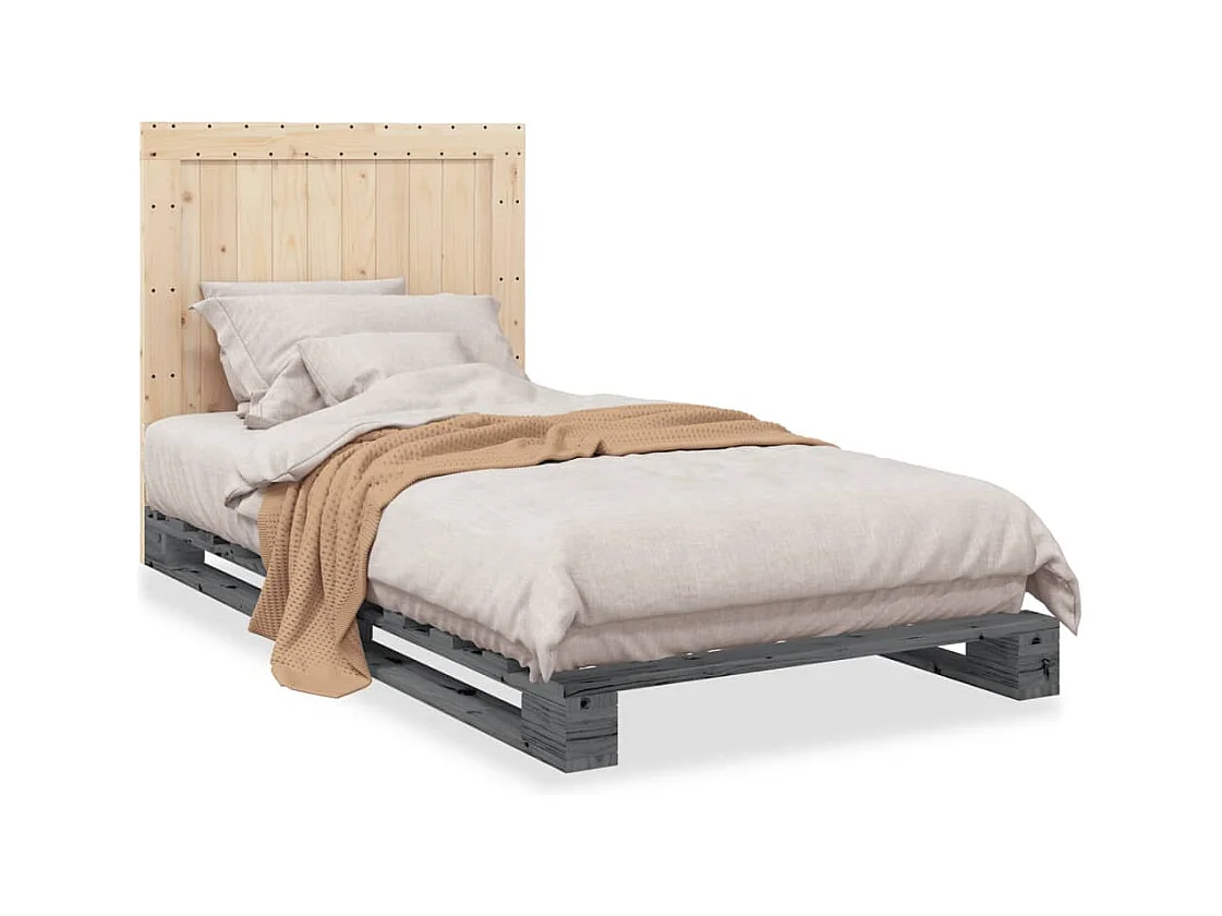 Lit simple et tête de lit gris 100x200 cm bois de pin massif FR46472