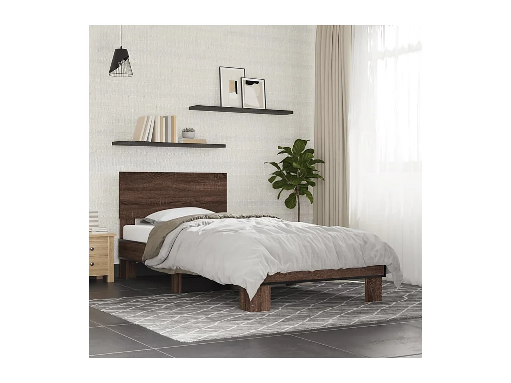 Lit simple chêne marron 90x200 cm bois d'ingénierie et métal FR12419