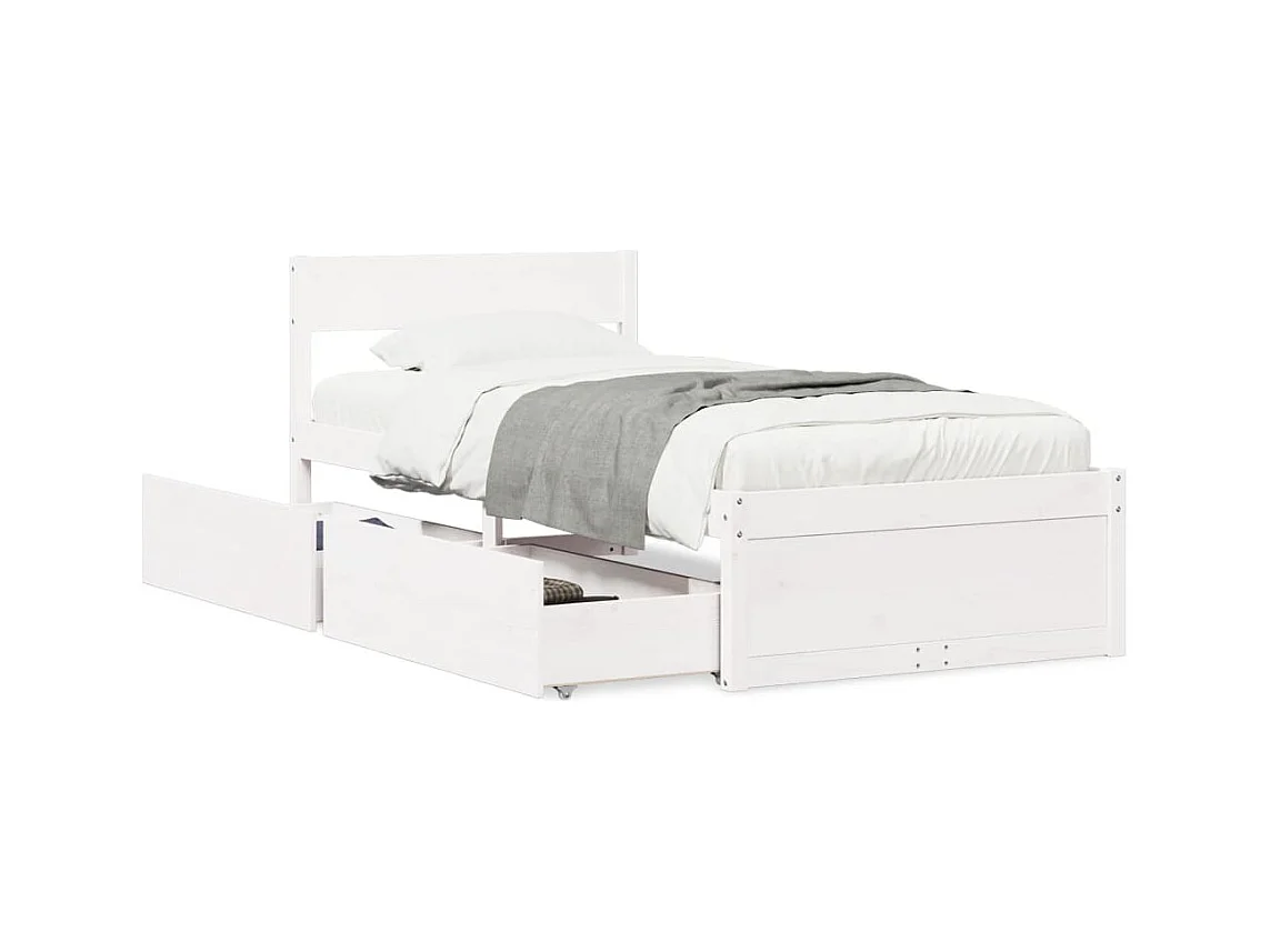 Lit simple avec tiroirs blanc 90x200 cm bois de pin massif FR35063