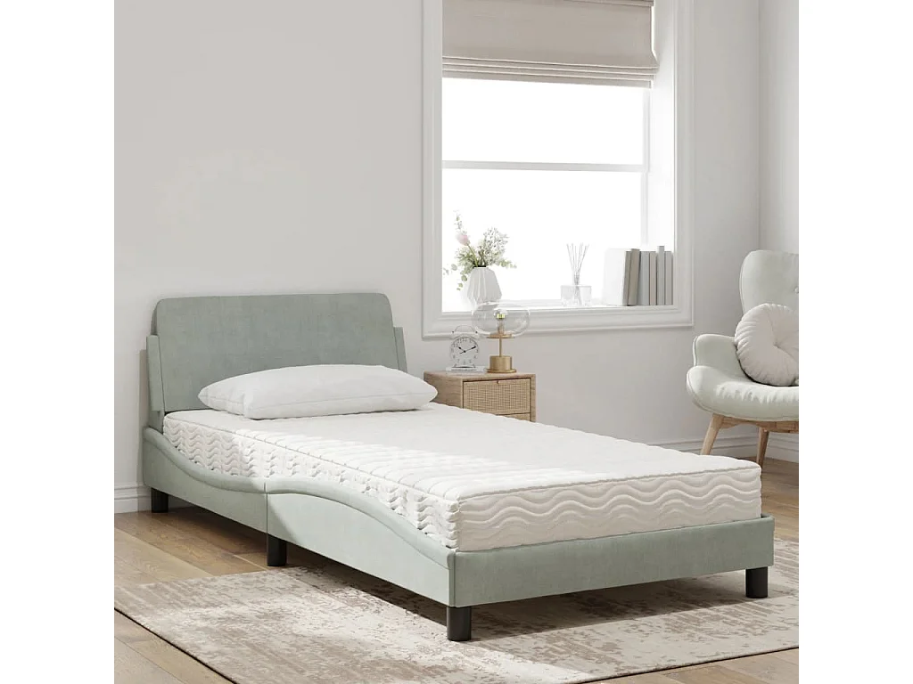 Cama 100x200 cm con colchón terciopelo gris claro ES157285