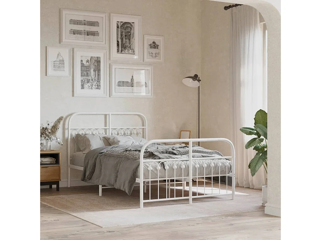 Lit double métal + tête de lit/pied de lit blanc 120x200cm FR31504