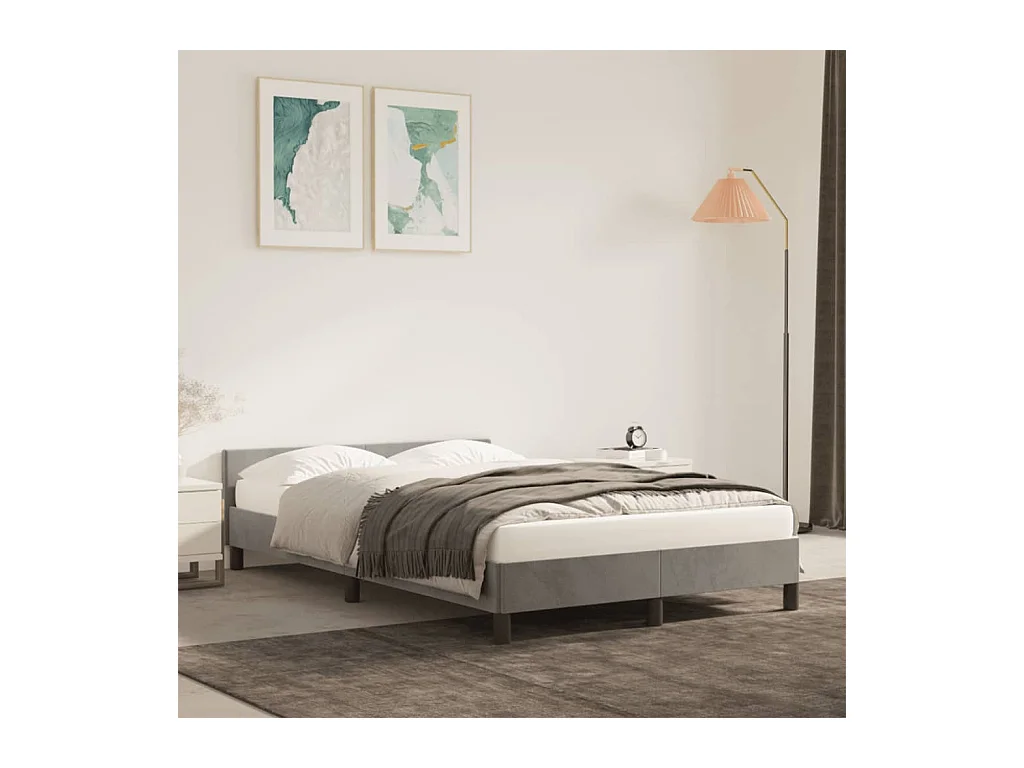 Lit double + tête de lit gris clair 120x190 cm velours FR62161