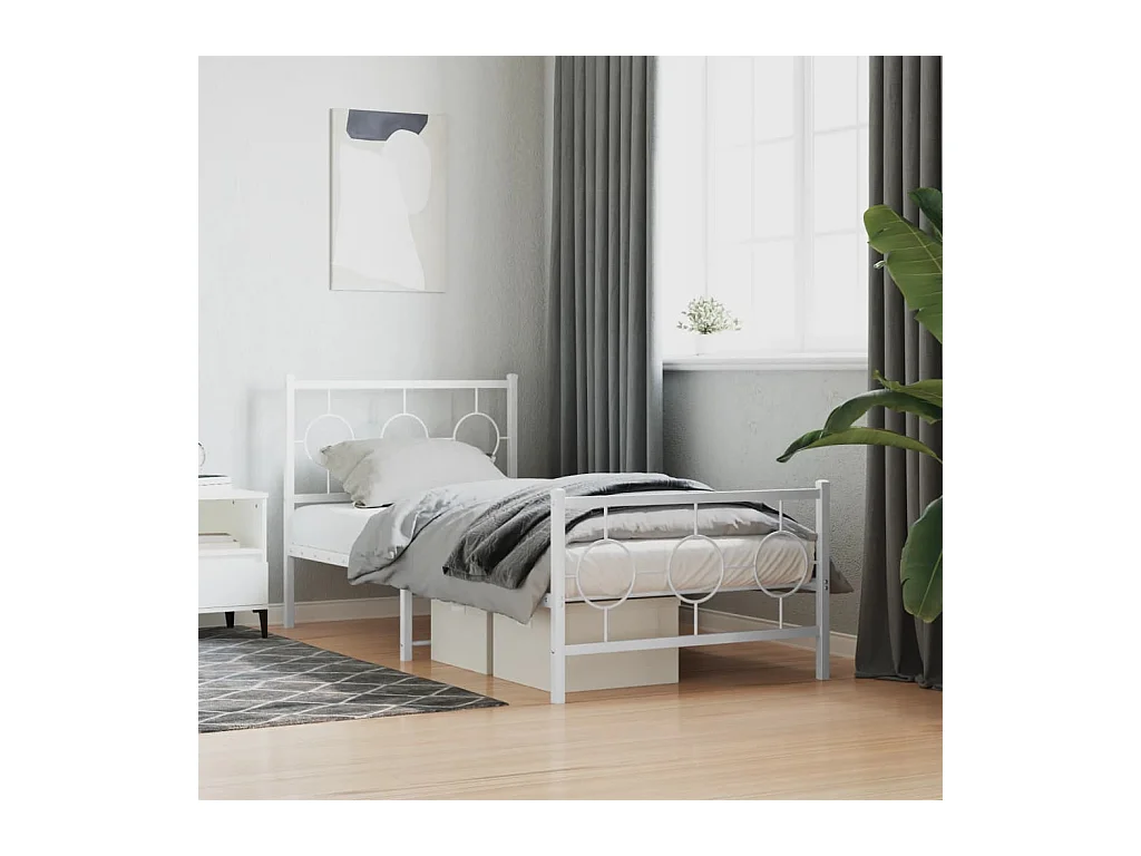 Lit simple métal + tête de lit/pied de lit blanc 90x190 cm FR15876