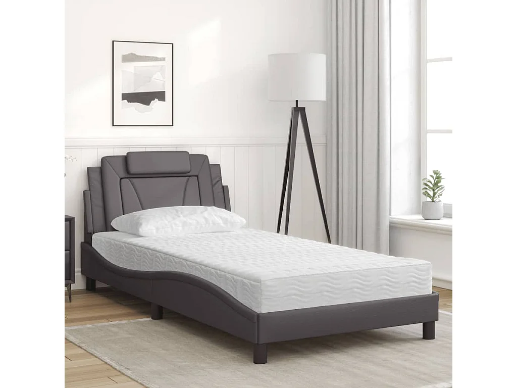 Lit adulte + matelas gris 100x200 cm similicuir FR77590