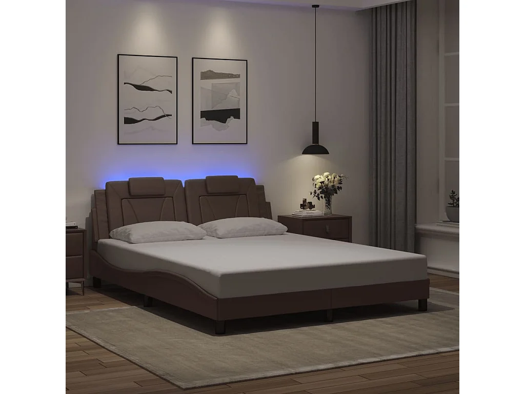 Lit double avec lumières LED marron 160x200 cm similicuir FR80848