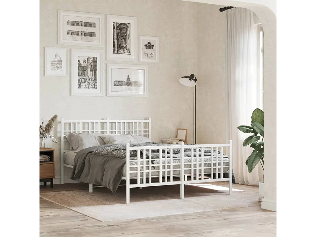 Lit double métal + tête de lit/pied de lit blanc 120x200cm FR97607