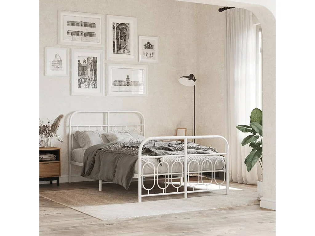 Lit double métal + tête de lit/pied de lit blanc 120x190cm FR99562