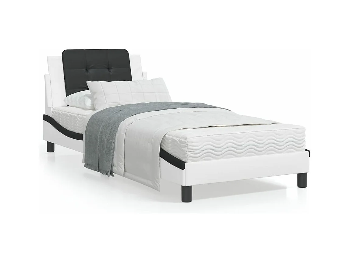 Lit simple + tête de lit blanc et noir 90x190cm similicuir FR86041