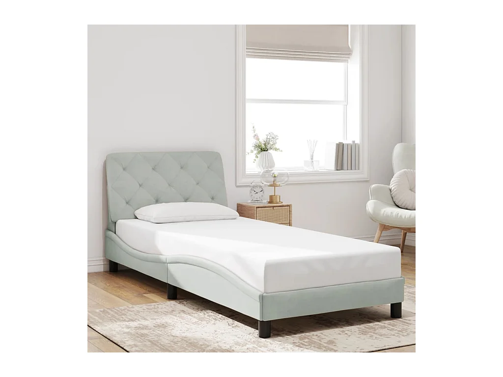 Lit simple + tête de lit Gris clair 90x190 cm Velours FR63215