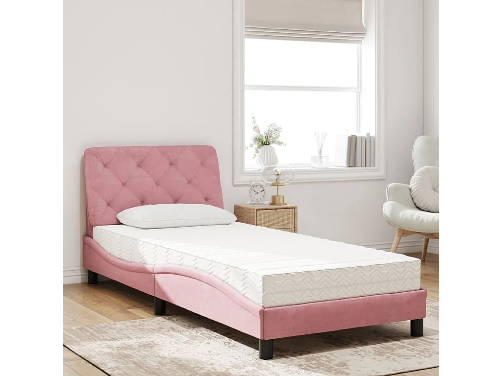 Lit adulte + matelas rose 90x200 cm velours FR63293