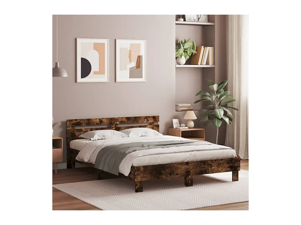 Cama matrimonial- 140x190cm cabecero y luces LED roble ahumado ES947458