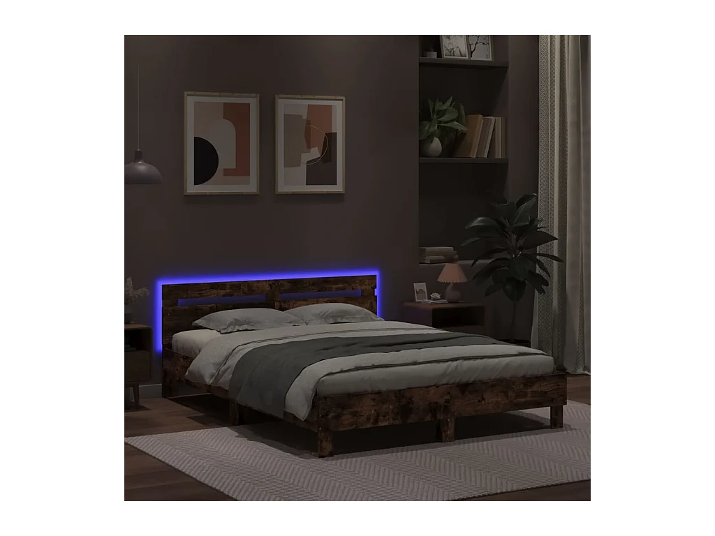 Cama matrimonial- 140x190cm cabecero y luces LED roble ahumado ES947458