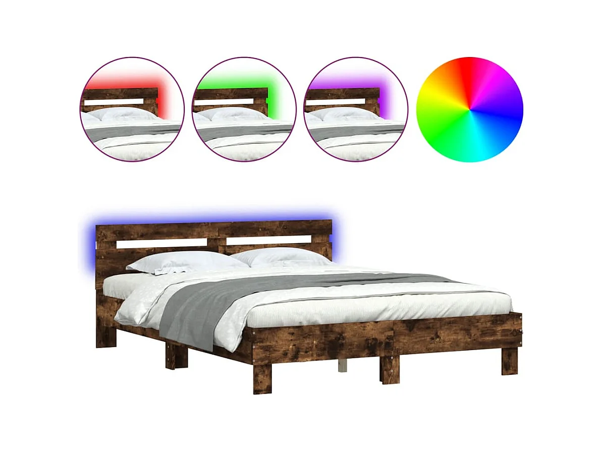 Cama matrimonial- 140x190cm cabecero y luces LED roble ahumado ES947458