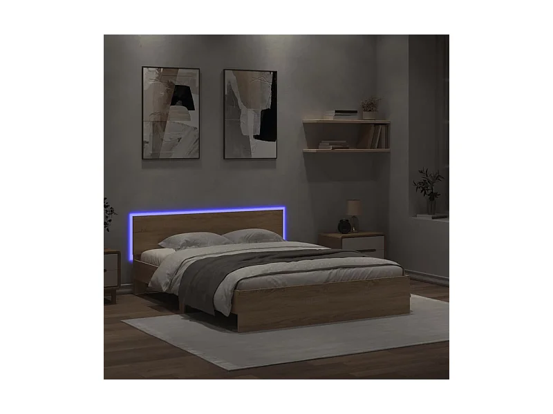 Lit double + tête de lit et LED chêne sonoma 160x200 cm FR60097