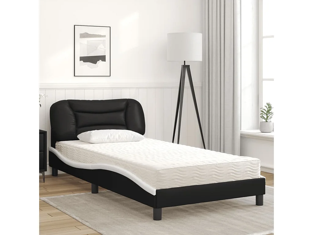Lit adulte + matelas noir et blanc 100x200 cm similicuir FR79075