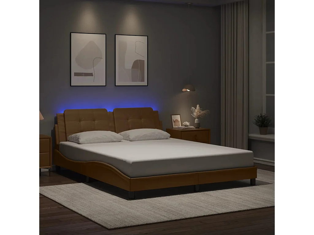 Cama c/ luzes LED 160x200 couro artificial cappuccino PT214795