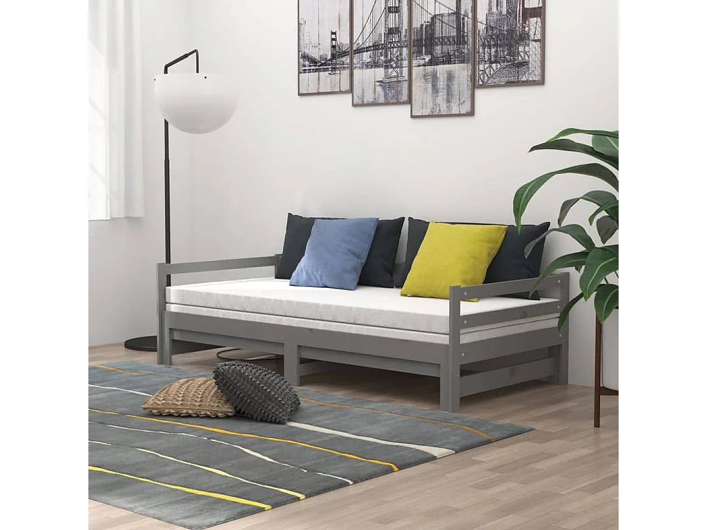 Slaapbank uitschuifbaar massief grenenhout grijs 2x(90x200) cm BE591390