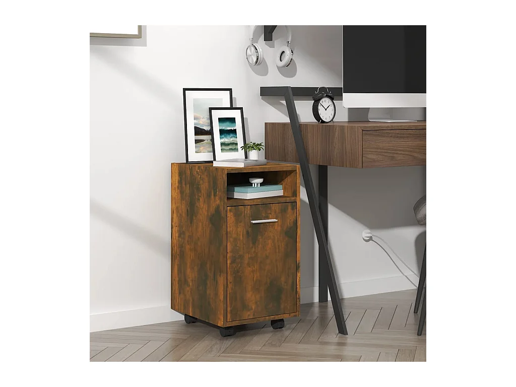 Bijzetkast met wielen 33x38x60 cm bewerkt hout gerookt eiken BE207320