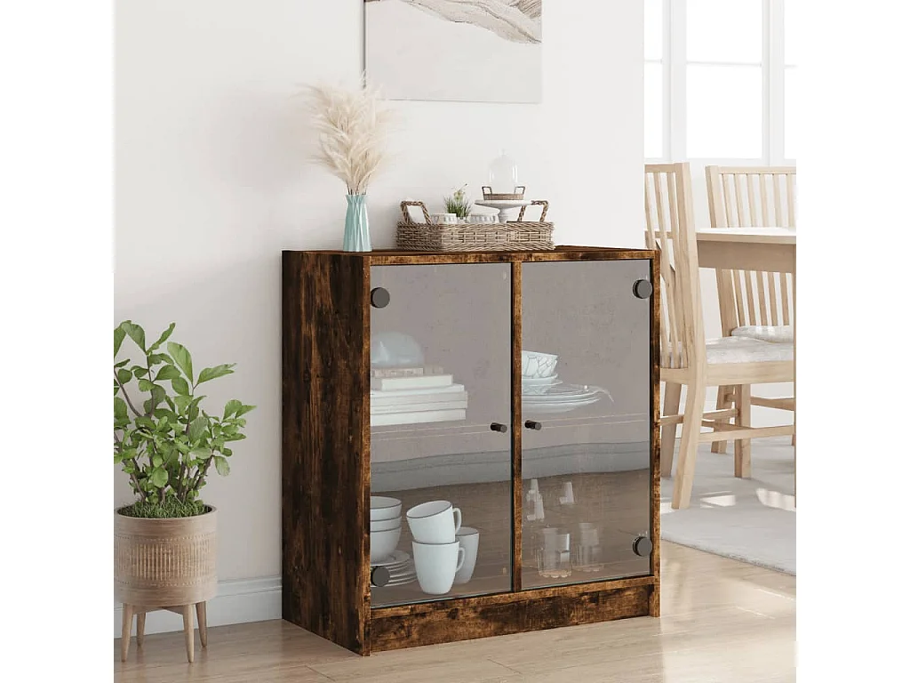 Armoire latérale avec portes en verre chêne fumé 68x37x75,5 cm FR62996