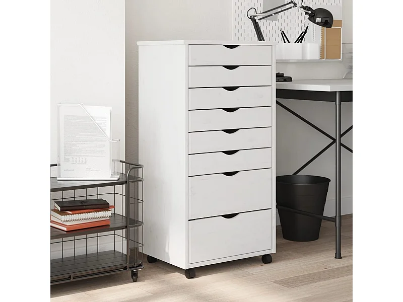Armoire roulante avec tiroirs MOSS blanc bois de pin solide FR13381
