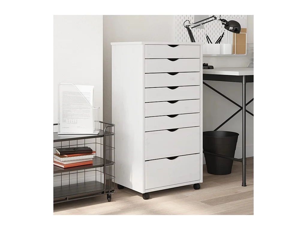 Armoire roulante avec tiroirs MOSS blanc bois de pin solide FR13381