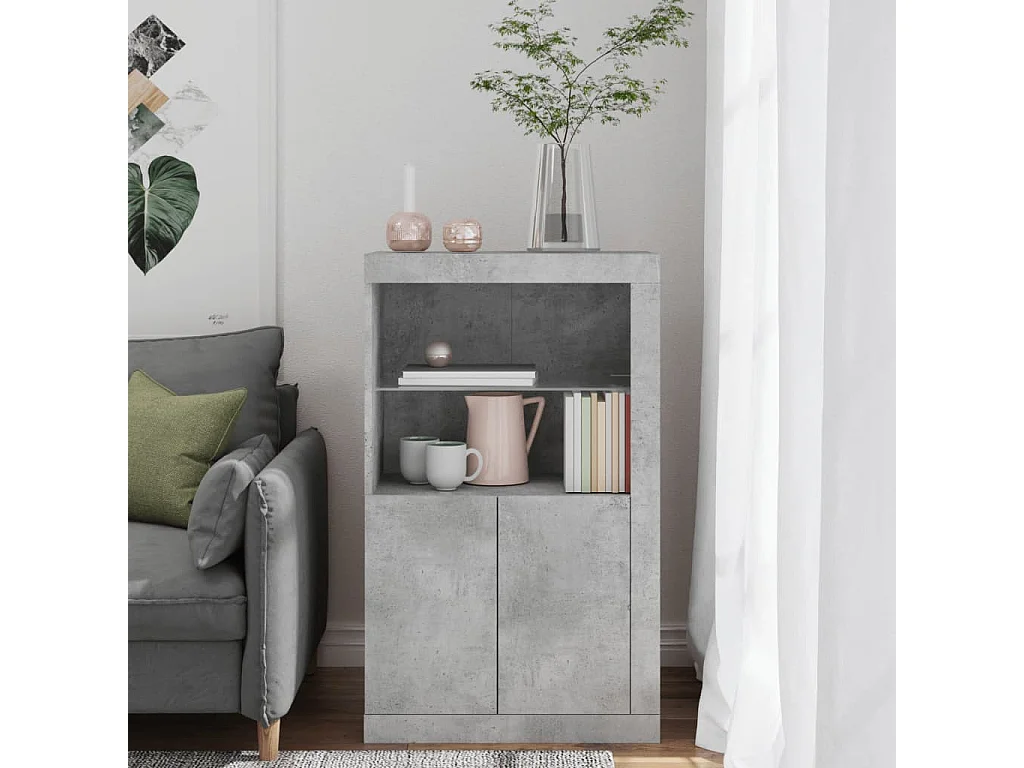 Armoire latérale avec lumières LED gris béton bois d'ingénierie FR87488