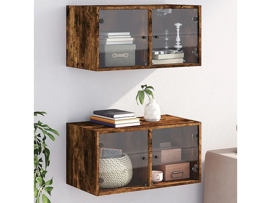 Armário parede c/ porta vidro 2 pcs 68,5x37x35 cm carvalho fumo PT373622