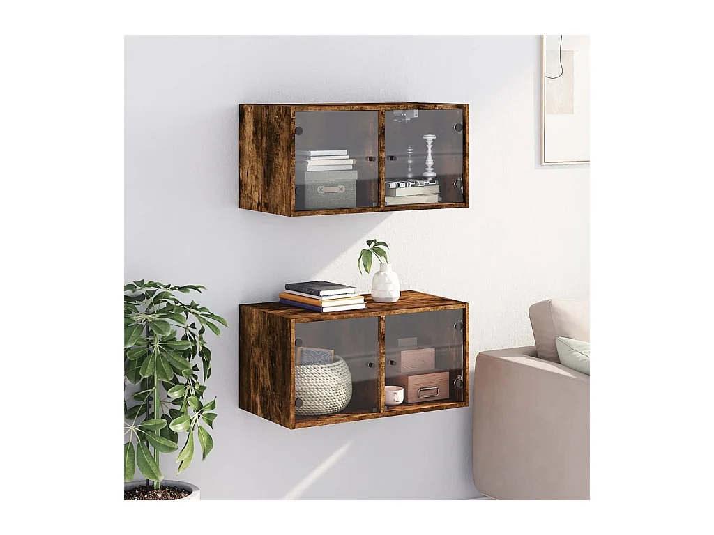 Armoires murales et portes vitrées 2pcs chêne fumé 68,5x37x35cm FR89182