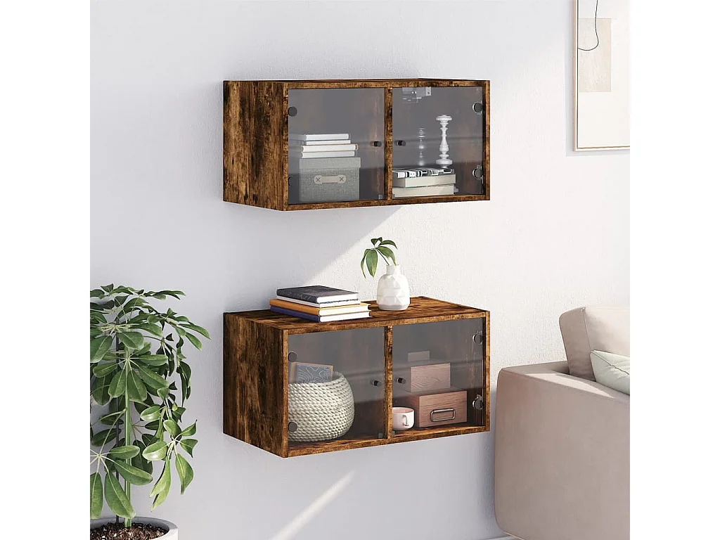 Armoires murales et portes vitrées 2pcs chêne fumé 68,5x37x35cm FR89182