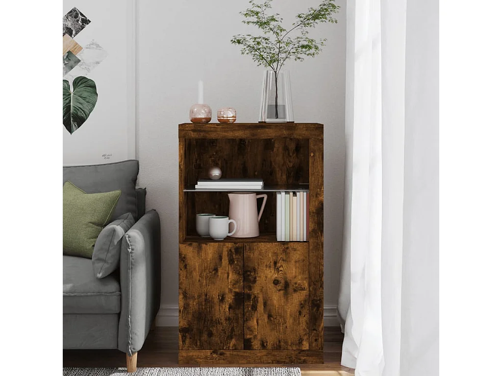 Armoire latérale avec lumières LED chêne fumé bois d'ingénierie FR36863