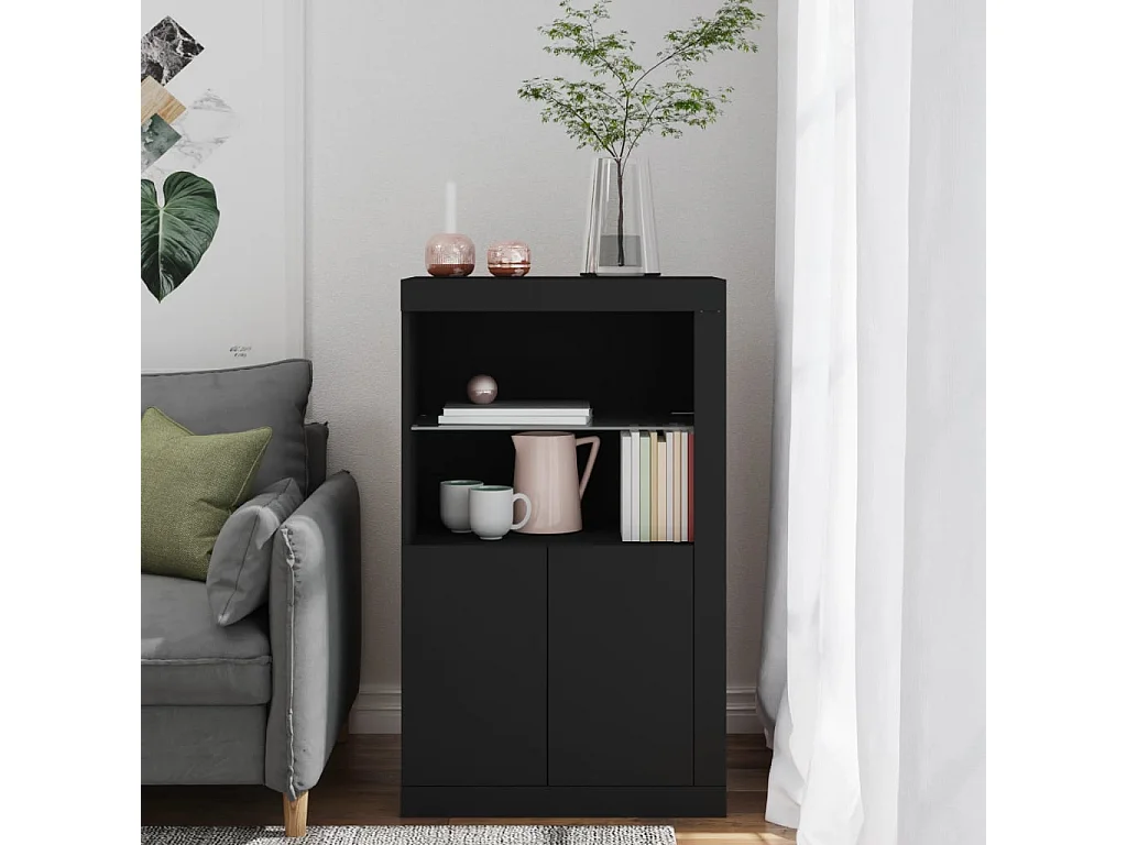 Armoire latérale avec lumières LED noir bois d'ingénierie FR86493