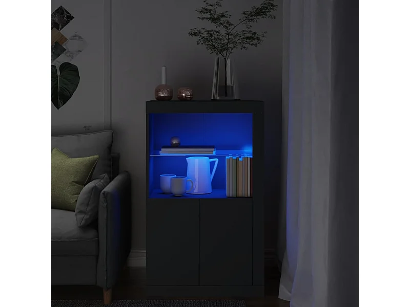 Armoire latérale avec lumières LED noir bois d'ingénierie FR86493