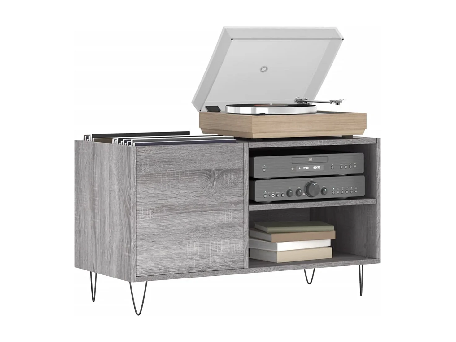 Platenkast 85x38x48 cm bewerkt hout grijs sonoma eikenkleurig BE676586