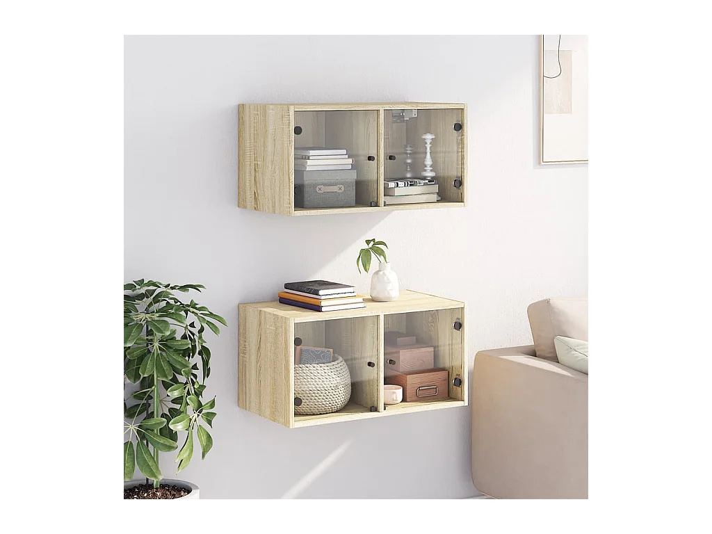 Mueble pared puertas de vidrio 2 uds roble Sonoma 68,5x37x35 cm ES657921